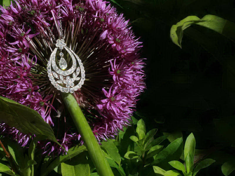 Edwardian pear diamond solitaire pendant, flowery design (image 7 of 9)